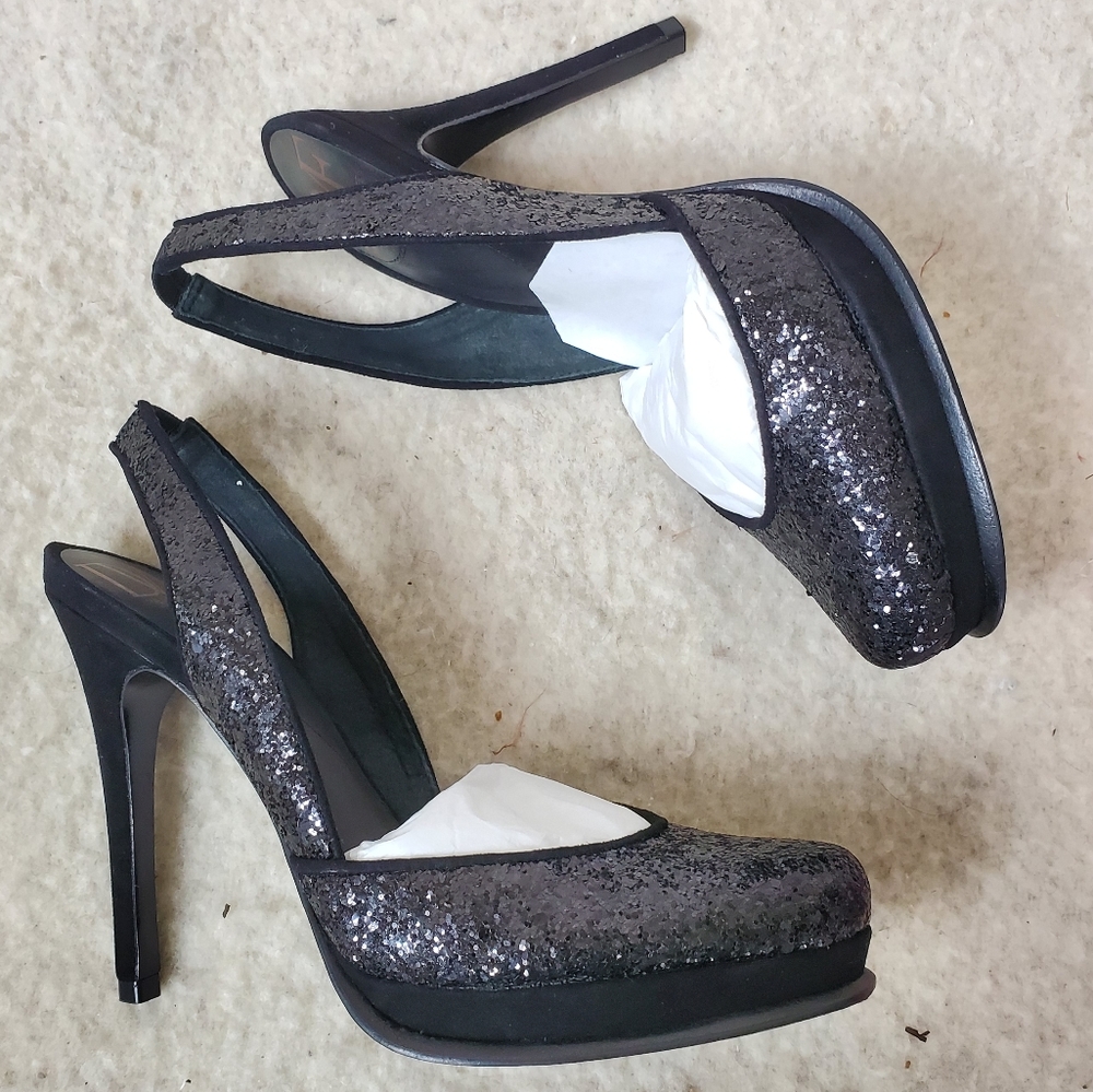(NEW) Diane Von Furstenberg Black Slingback Glitter Platform Heels Size 6
